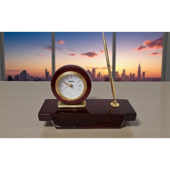 Vintage Timedesign Quartz Clock & Pen Executive Desk Set, Rosewood and Brass Pla - Picture 2 of 7